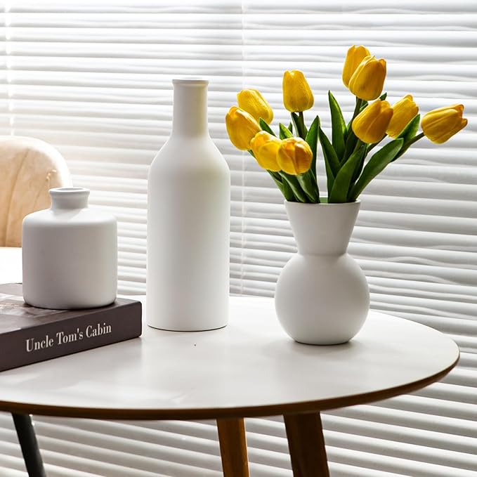 Fake Flowers in Vase for Centerpieces, Faux Flowers in Modern Ceramic Vase Set of 3 with 8 Artificial Autumn Chrysanthemums Artificial Decorative Swags