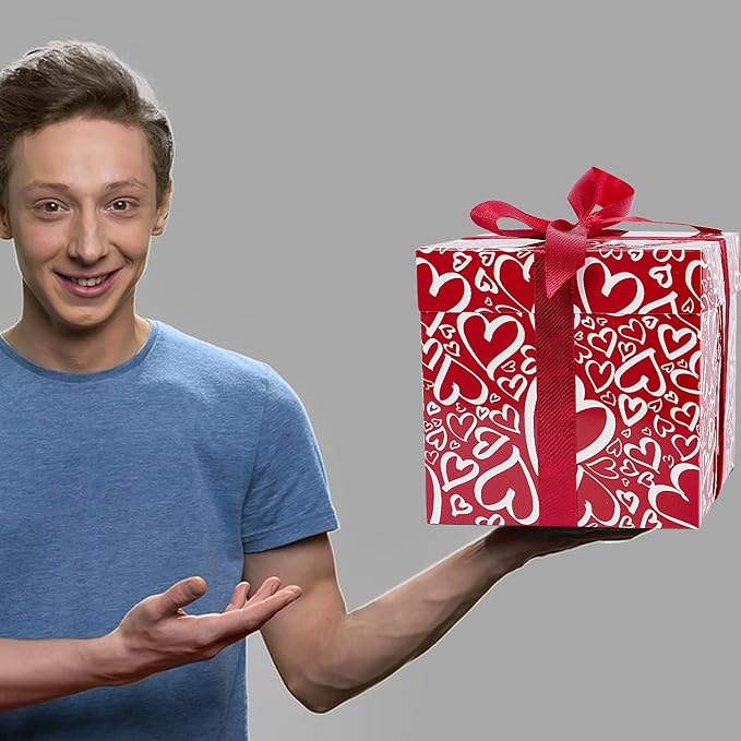 Jaywayang 5 Pack Red Valentine Gift Boxes with Lids, Ribbons and Tissue Papers Square Gift Boxes - 7.1 Inch - Christmas Presents Wrapping Valentine's Day Decoration Birthday Anniversary Party Favor Boxes.
