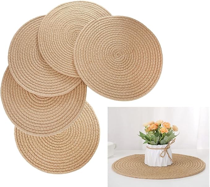 Jute Woven Placemats Set of 6, Round Braided Tablemats Natural Jute Handmade Woven Plate Chargers Heat Resistant Non-Slip Potholder for Table Decoration(13 inch)