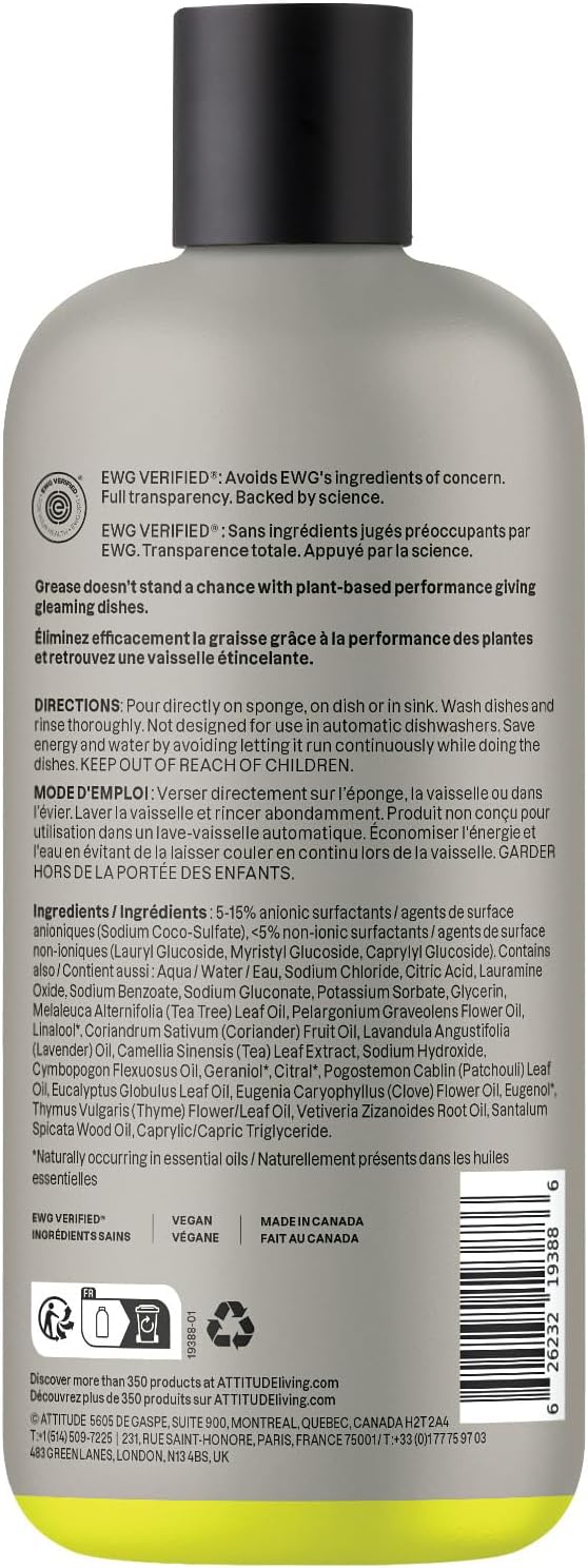 ATTITUDE Dish Soap, Infused with Essential Oils, Plant-Based Ingredients, EWG Verified, Great for Clean and Sparkling Dishes, Vegan Dishwashing Liquid, Geranium & Lemongrass, 488 mL