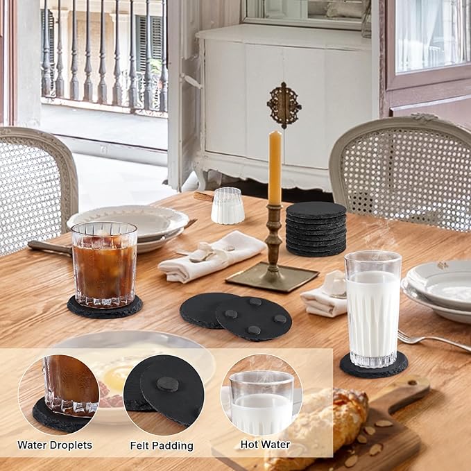 60 PCS Slate Coasters Bulk, MAPRIAL 4 Inch 30PCS Black Round, 30PCS Hexagon Stone Coasters for Laser Engraving, Handmade Drink Coaster Engravable Blanks Material for Engraver, Crafts, Gifts