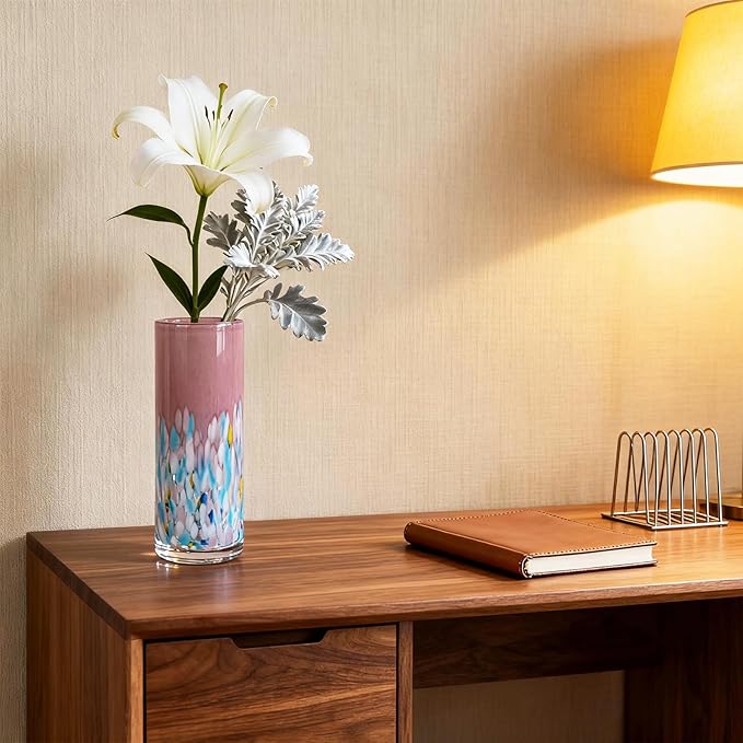 9.45" Tall Pink Vase Hand Blown Glass Vase Green, Modern Pink Home Centerpieces Wide Mouth Vases for Bud&Flower Decor - Ideal Living Room, Kitchen, Wedding, Dining Table, Office Center Table