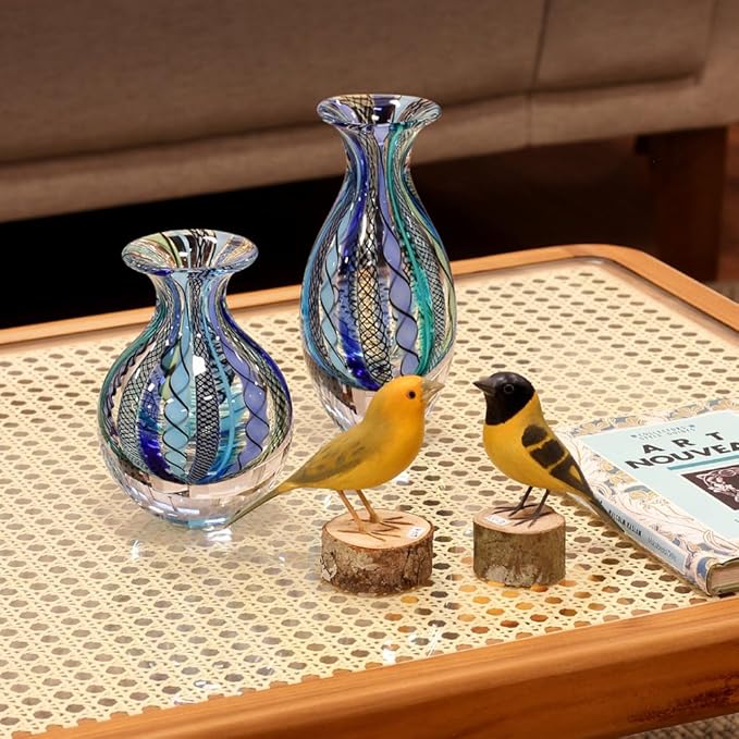 Ca D Oro Small Glass Vase Boho with Blue/Green Canes Hand Blown Murano-Style Art Glass - Model Nº 2