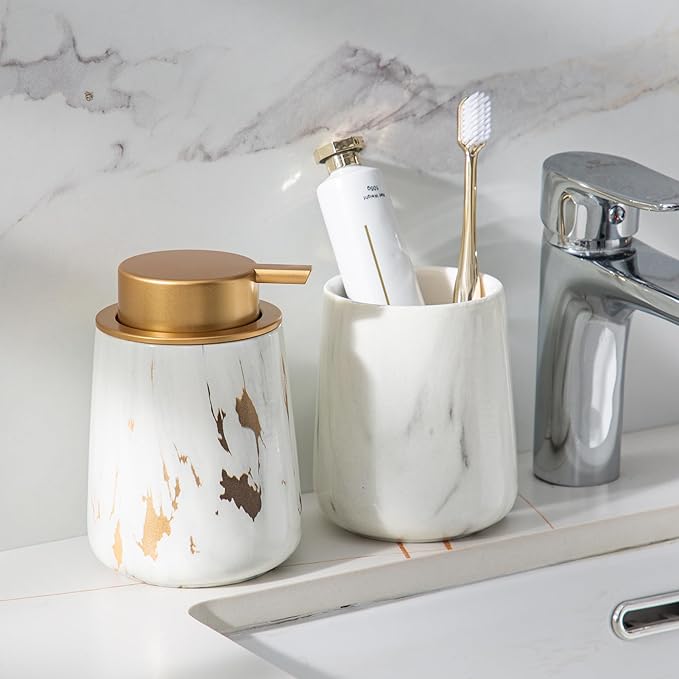 Enra Ceramic Gold Soap Dispenser,12 oz Marble Lotion Dispenser Bathroom Liquid Refillable Hand Soap Dispenser for Bathroom Kitchen with Easy-to-Press Pump (Glod Liquid Type)