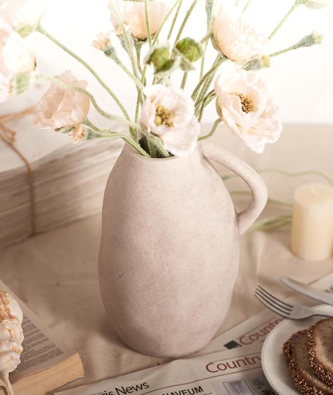 White Ceramic vase with Handle, Distressed Cement Texture, Boho Terracotta Large Pottery 10inch Tall, Rustic Farmhouse Decorative vases for Centerpieces, Unique Stoneware Jug for Flowers