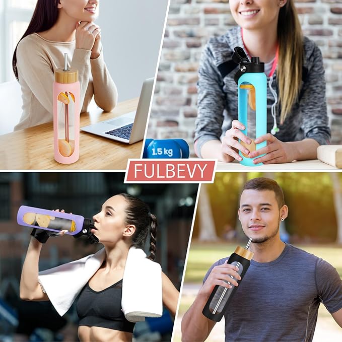 25 oz Glass Water Bottles - Motivational Tumbler With Time Marker - Borosilicate Glass With Silicone Sleeve and 2 Lids, Handle Spout & Bamboo Straw Lid (Pink)