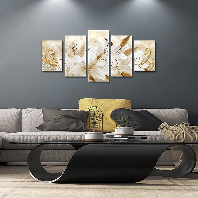 LUDUHU Golden Orchid Flowers Canvas Print - Abstract Floral Wall Art Painting Decor for Home Decoration Artwork Picture Bedroom (E,Oversize 60x30inch)