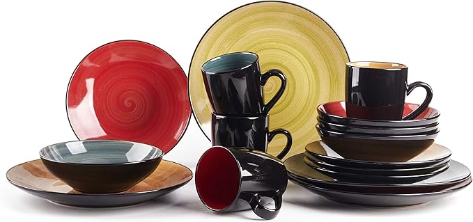 Sonoma 16 Piece Stoneware Dinner Set, Outside Black + Inside Handpainted Mixed Colors Blue, Green, Red, Yellow with speckle