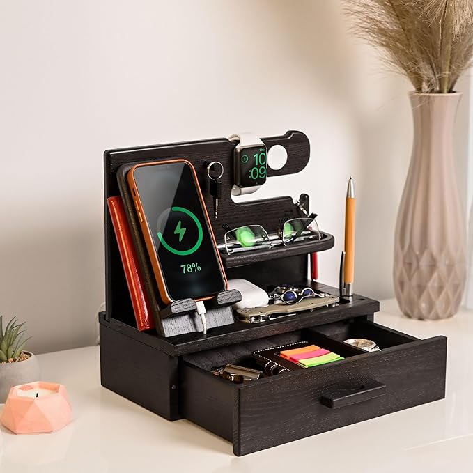 TESLYAR Wood Phone Docking Station with Drawer - Nightstand Organizer - Desk Organizer for Husband - Birthday Gifts for Men, Dad, Anniversary Idea, Key Holder Stand Watch & Accessories (Granite Black)