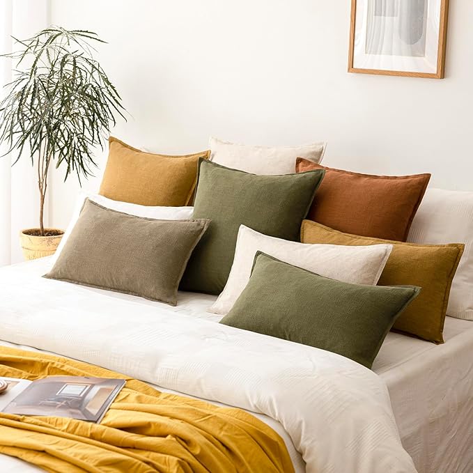 Foindtower Pack of 2, Decorative Linen Soild Throw Pillow Covers Soft Accent Cushion Case Boho Farmhouse Pillowcase for Chair Couch Sofa Bedroom Living Room Home Decor 16 x 16 Inch Olive Green