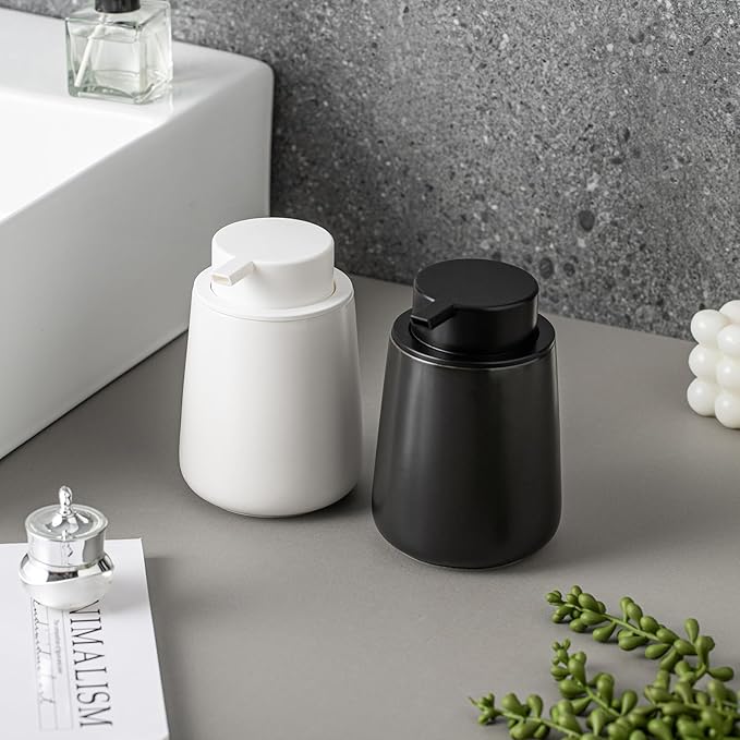Black Foaming Soap Dispenser - Modern Ceramic Foam Hand Soap Dispenser Bathroom, 12 Oz Facial Cleanser Dispenser Bottle with Foam Pump, Refillable Wash Dish Dispenser for Kitchen