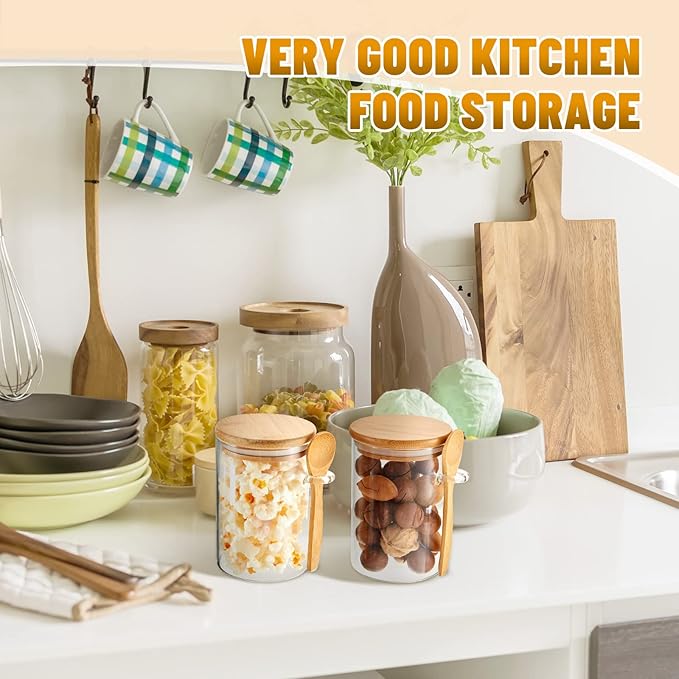 Tessco for you 4 Pack Sugar Jar Glass Container with Spoon Clear Glass Jars with Bamboo Lid and Spoon Scoop for Women Christmas Kitchen Gift Coffee Beans, Spice, Sugar, Nuts, Candy, Salts (17 oz)