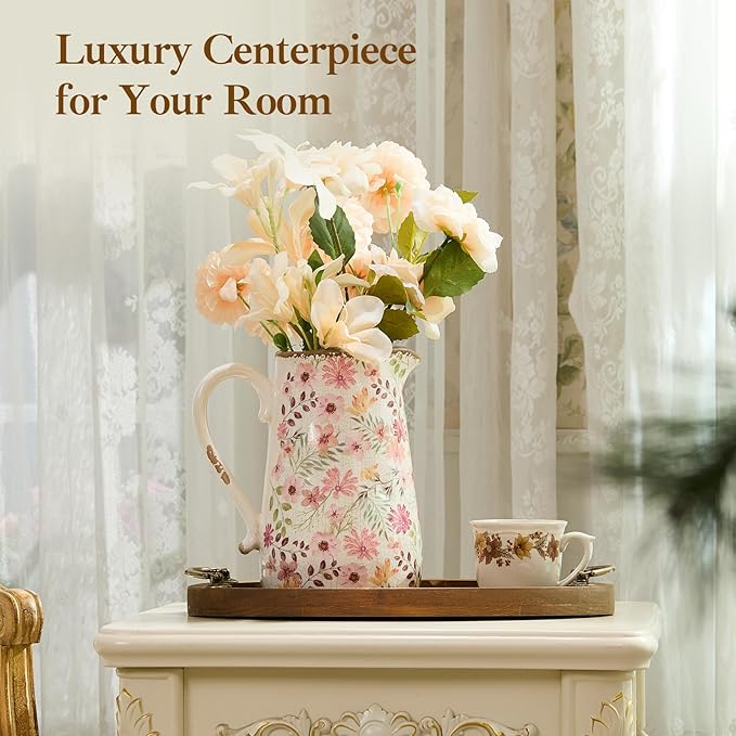 Retro Rustic Large Ceramic Vase with Handle, Distressed Farmhouse Pitcher for Home, Ideal Shelf Decor, Colorful Daisy Floral Vase for Living Room Bedroom Office Table Centerpiece Decorations 9 Inch