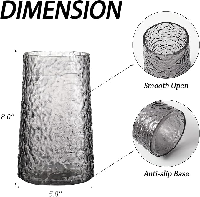 Black Glass Vase, Flower Vases for Bouquet, Modern Glass Vase for Flowers, Large Vases for Living Room, Bedroom, Kitchen, Office, Wedding, Dining Table, 8 Inches