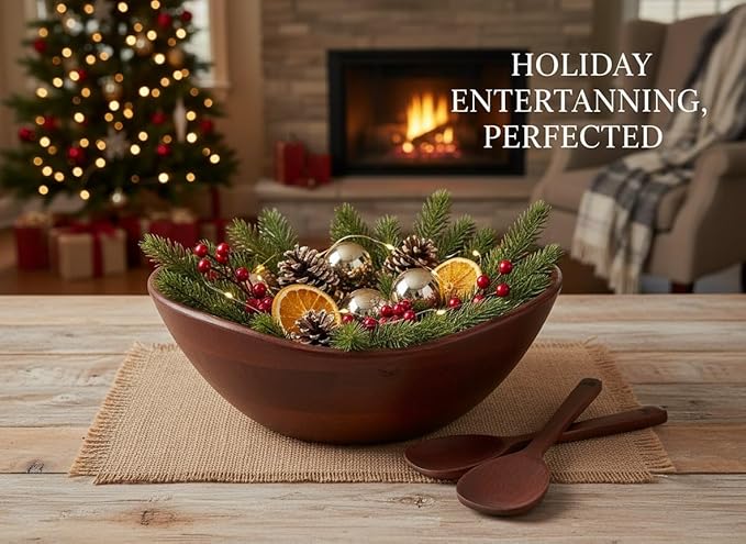 Melvvi Large Wooden Salad Bowl Set with 2 Serving Utensils | 12" Acacia Wood Royal Brown color Bowls for Food | Great Gift for Thanksgiving & Christmas (Royal Set of 3)