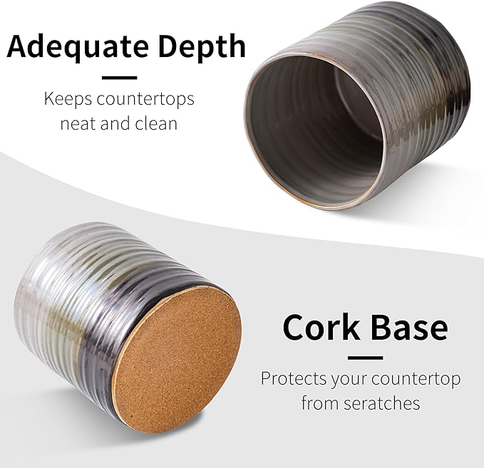 Utensil Holder 5.3" for Countertop, Ceramic Utensil Crocks for Kitchen Counter, Farmhouse Kitchen Décor Utensil Holder, Protection Cork Bottom