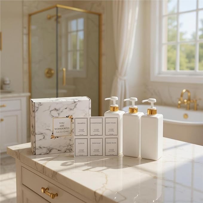 Modern Gold Design Large 27 oz Shampoo and Conditioner Dispensers - Empty Plastic Refillable Pump Bottle Set for Bathroom Shower Soap Dispenser, Gift Box Included, Set of 3 (White)