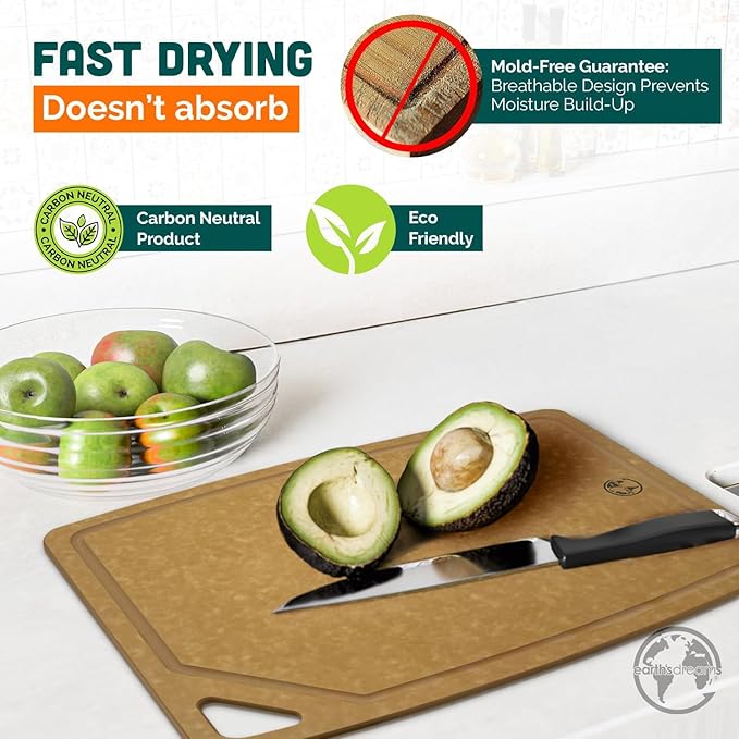Earth’s Dreams Wood Cutting Board Set 3-Piece: Small, Large & Extra Large - Charcuterie Board, Non-Plastic, Non-Toxic, Heavy-Duty, Dishwasher Safe (Tan/Juice)