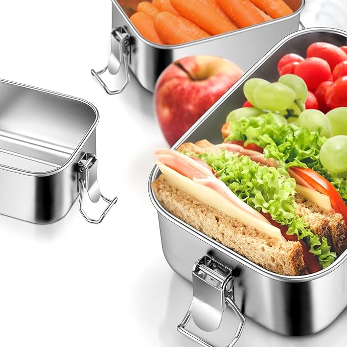 Leonyo 2Pack 28oz Bento Box, 18/10 Stainless Steel Bento Lunch Box with 4 Dividers, 850ml Small Leak-Proof Food Snack Containers for Sandwich, Dishwasher Safe, Oven Safe Except for Lid