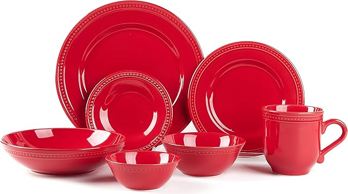 Pearl Dots Stoneware Dinnerware Set (56pc Set, Red)