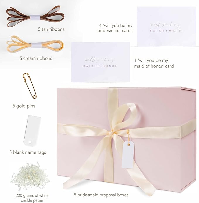Gift Box Set - Bridesmaids Gifts for Wedding (5 Pack - Blush Pink), All Occasions, Bridesmaid Proposal, Magnetic Boxes With Lids, Big Set For Bridal, 13.5 x 9 x 4.5 inches, Pink GiftBox