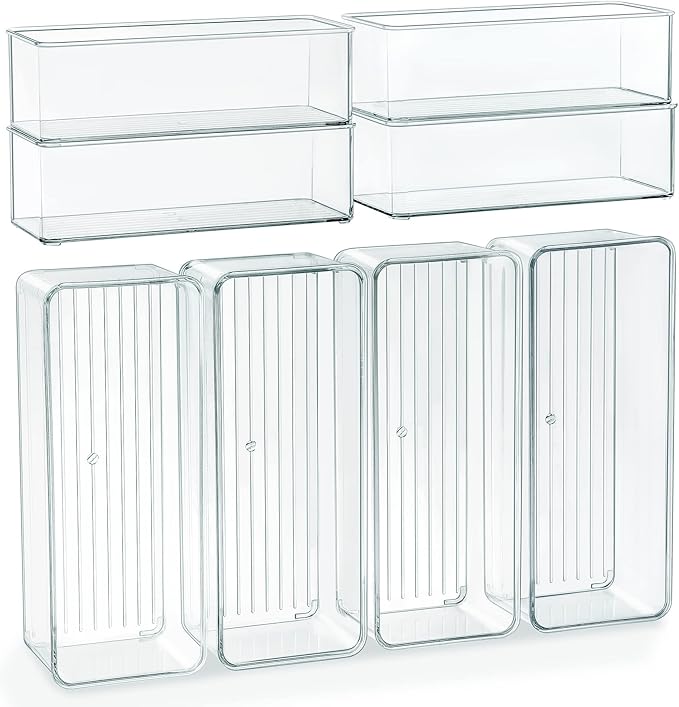 8 PACK Clear Organizer Bins Deep Drawer Organizer Bins Stackable for Cutlery Vanity Storage Bins for Bathroom Kitchen Office Desk Organizing