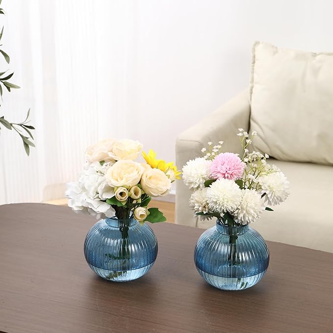 Round Glass Vases, Set of 2 Small Vases for Flowers, Blue Glass Vase for Tulips, Modern Vase for Living Room, Office, Coffee Table, Shelf, Wedding, 5 Inches