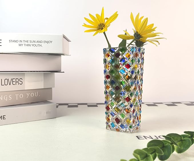 Colorful Checkered Glass Vase, Bright Multi Colored Crystal Diamond Vase Hand Painted