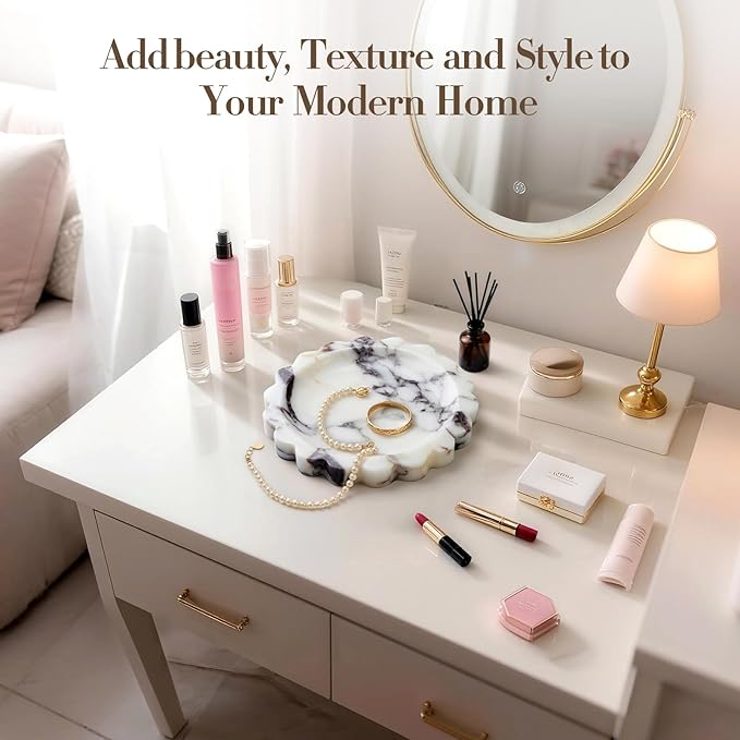 Calacatta Viola Scalloped Marble Tray, Natural Marble Jewelry Dish, Luxury Decorative Trays for Bathroom, Vanity, Dresser, Kitchen & Home Decor, House Warming Gifts New Home (Round, 6.3Inch)