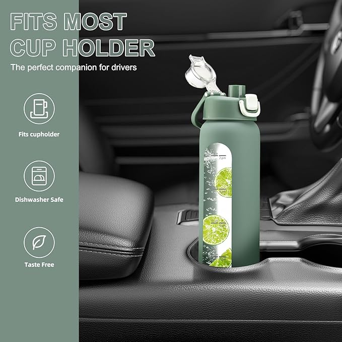 32 oz Glass Water Bottles with 2 Lids-Handle Spout Lid & Straw Lid, 1 Liter Motivational Borosilicate Water Bottle with Time Marker and Silicone Sleeve,Leakproof-Olive-1 Pack