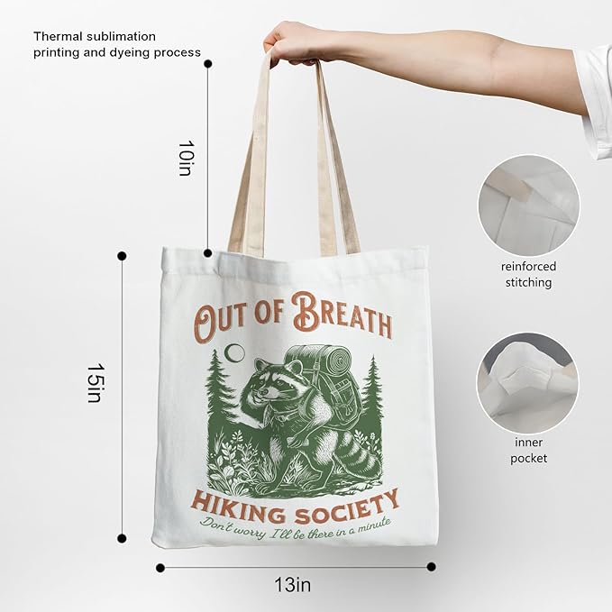 Vintage Funny Raccoon Hiking Tote Bag, Hiking Hiker Gifts for Women Canvas Tote Bags, Gifts for Raccoon Lovers, Trash Panda Hiker Reusable Grocery Shopping Bags