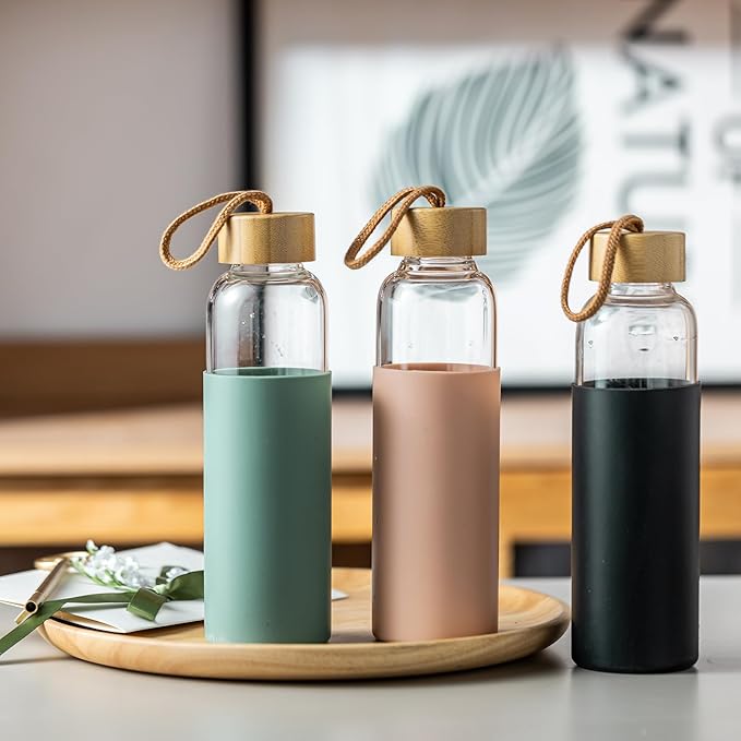 21oz Glass Water Bottle with Silicone Sleeve & Bamboo Lid, BPA Free Reusable Water Bottle Glass for Gym Office Travel, Gift for Fitness Enthusiasts (Green+Pink+Black)