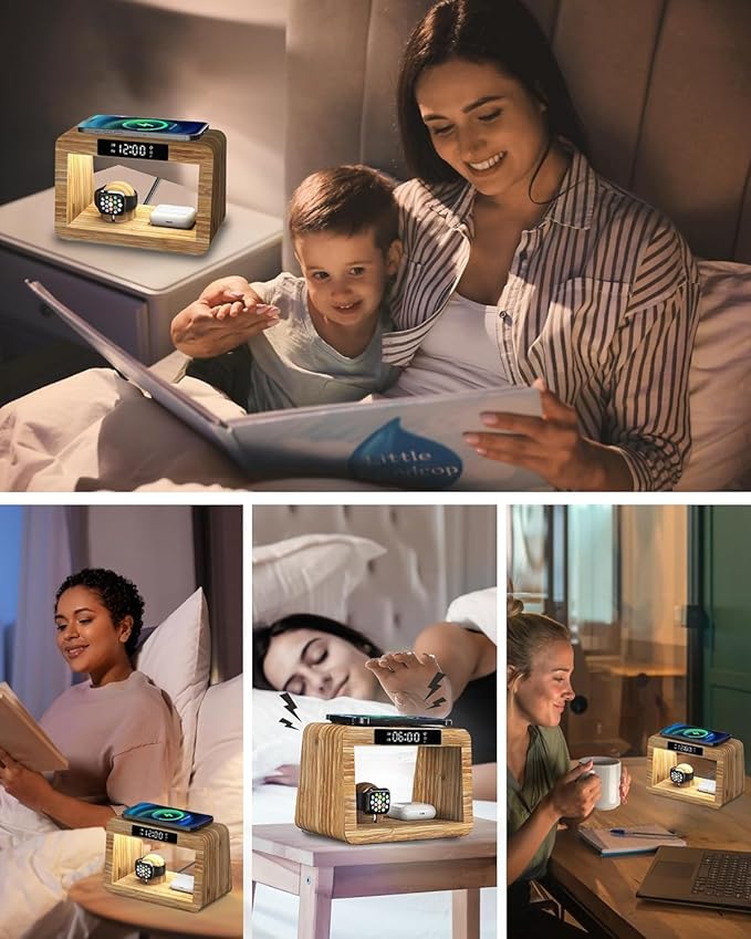 Bamboo Wireless Charging Station,Wireless Charger with Digital Alarm Clock and Night Light,Fast Charger Stand Compatible with iPhone17/16/15/14/13/12/11 Pro Max/X/Xs/AirPods Pro/iWatch Series