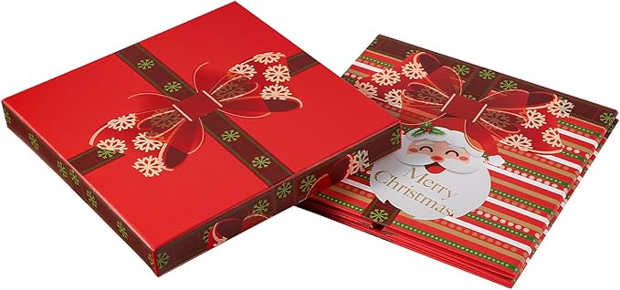 RUSPEPA Christmas Gift Box with Lid, Santa Claus and Red Bow Design, Medium Collapsible Gift Box with Ribbon and Tissue Paper for Holiday Party, Gift Wrapping, Candy Storage, 9x9x9 Inches, 1 Pcs