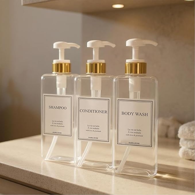 Modern Gold Design 27 oz Shampoo and Conditioner Dispensers - Plastic Refillable Pump Bottle Set for Bathroom Shower Soap Dispenser, Gift Box Included, Set of 3 (Clear & White)