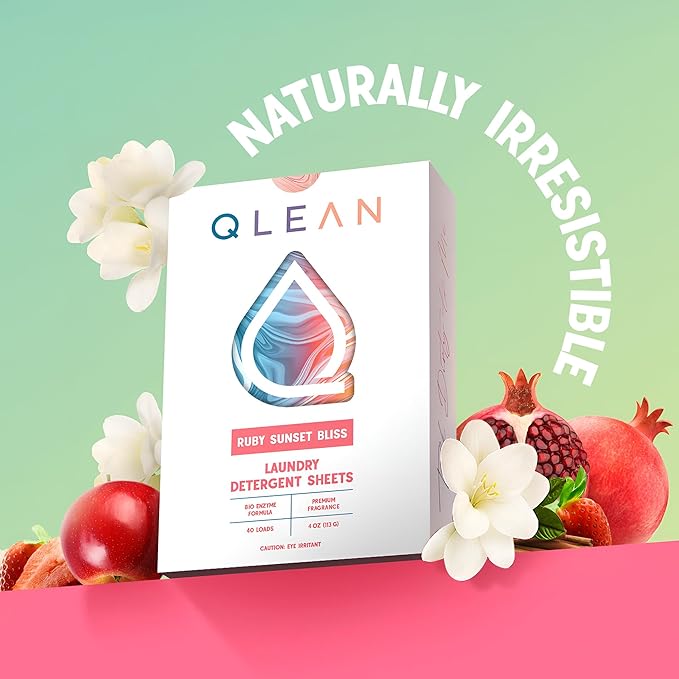 QLEAN Laundry Detergent Sheets (Travel Size 10 Loads) – Travel Laundry Detergent Sheets, Eco-Friendly Laundry Soap, HE & Standard Washer Safe, Stain Remover, Skin-Friendly - Ruby Sunset Bliss