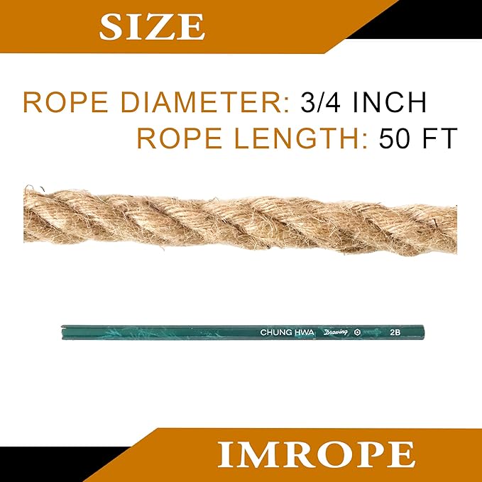 Twisted Jute Rope 3/4 Inch x 50 Ft, IMROPE Natural Jute Rope 4 Strands for DIY Arts Crafts, Garden, Home Decorating, Hammock