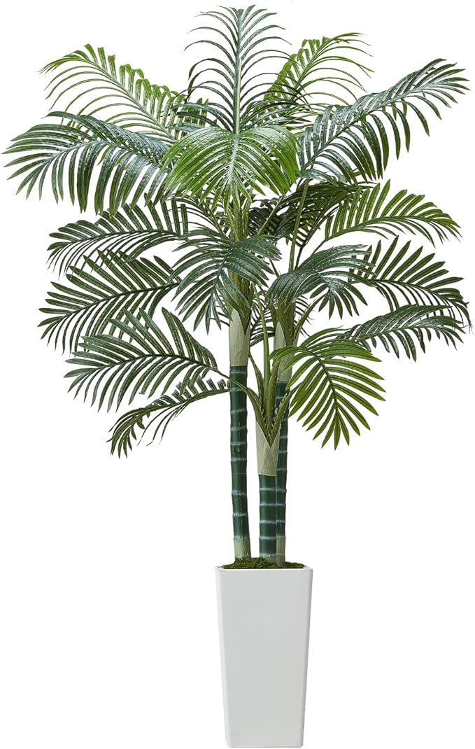 VEVOR Artificial Areca Palm Tree 6 ft, Fake Palm Tropical Plants with White Tall Planter, Faux Floor Silk Plant in Pot, Large Trees for Home Office Living Room Decor House Warming, Indoor Outdoor