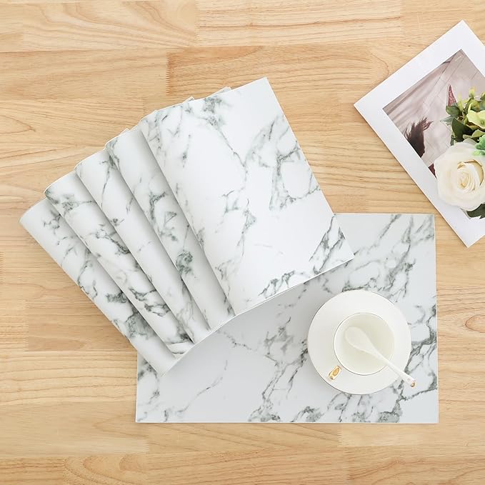 Homaxy Faux Leather Heat Resistant Placemats for Dining Table Set of 6, Waterproof Wipeable Washable PU Table Mats, Easy to Clean Anti-Slip Place Mats, 11.8" x 17", Marble