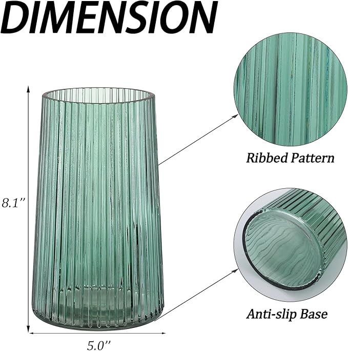 Green Glass Vase for Flower, Flower Vase for Bouquet, Modern Glass Vases, Ribbed Vases for Living Room, Bedroom, Dining Table, Office, Wedding, Centerpieces, 8 Inches