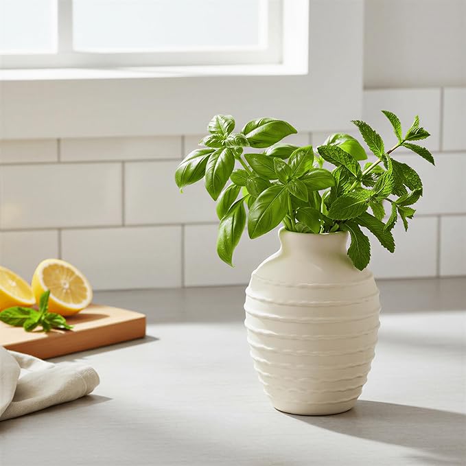 6.6-Inch Off-White Ceramic Flower Vase, Rustic Farmhouse Boho Pottery Centerpiece for Table, Living Room & Shelf