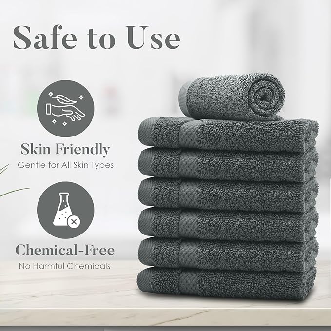 DAN RIVER 12-Pack Premium 100% Cotton Gray Face Towels – Reusable Face Towel Set, Soft & Absorbent Cotton Cloths for Bathroom & Body – Hand and Face Towels, 550 GSM (12x12 in)