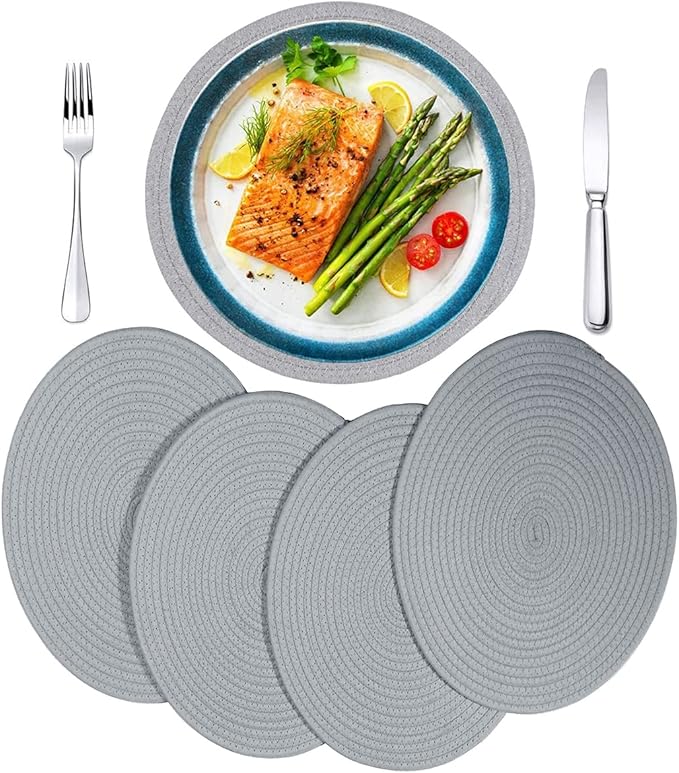 4 Pack Woven Placemats, 13.8 inches Round Plate Chargers Grey Thick Placemat Set Cotton Rope Braided Tablemats Rattan Mats Rustic Weave Placemats for Table Decoration