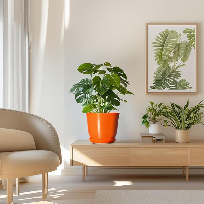 Ceramic Planter - 8 Inch Plant Pot with Drainage Hole and Saucer, Modern Planters for Indoor Outdoor Plants, Round Flower Pot, Home Patio Office Decor, House Warming Gifts, Orange