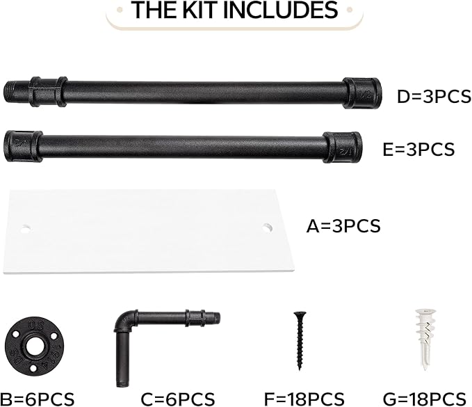 3-Tier Industrial Pipe Floating Shelf – Rustic 60 inch Wood Wall-Mounted Storage Shelf for Kitchen Office,Bathroom & Home Decor -White