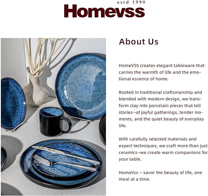 HomeVss 20-Piece Dinnerware Set - Serves 4, Reactive Glaze Bubble Blue Plates & Bowls Set | Microwave & Dishwasher Safe