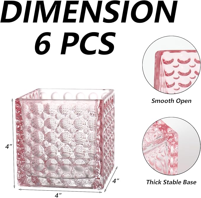 Square Vases Set of 6, 4" x 4" x 4" Square Glass Vases for Flowers, Pink Flower Vase for Centerpieces, Small Bubble Vase for Wedding, Party, Home, Office, Parties, Events