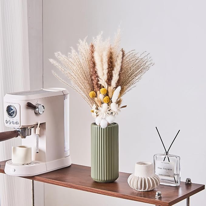 Green Ceramic Flower Vase for Pampas Grass, 8 inch Small Decorative Centerpiece Ribbed Vase for Dining Table, Office Desktop, Shelf Bookshelf, Mantel, Entryway, Bathroom, Countertop, Farmhouse, Gift