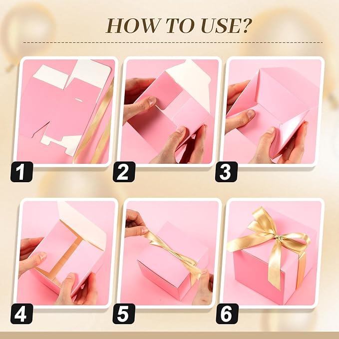 48 Pcs Christmas Gift Boxes with Ribbon Small Party Favor Boxes with Lids Mini Treat Candy Container for Wedding, Party, Birthday, Valentine's Day and More(Pink,4 Inch)