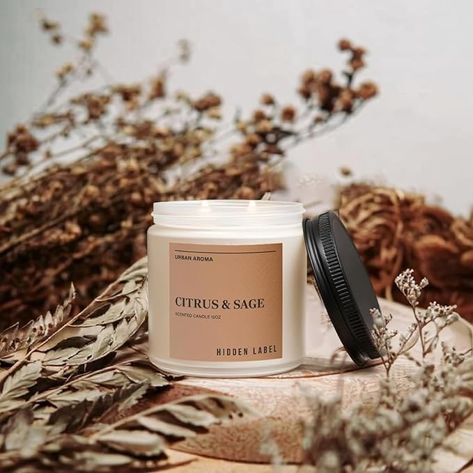 Hidden Label Citrus Sage Scented Candle, 12oz 2 Wick Natural Soy Non Toxic Candles, Clean Burning Long Lasting Aromatherapy for Home | Gifts | Décor,Premium Scents for Relaxation & Stress Relief
